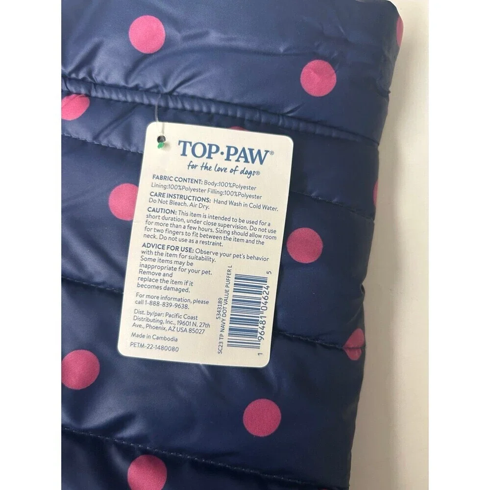 Top Paw Dog Puffer Vest/Jacket Blue & Pink With Polka Dots size L - Picture 3 of 4